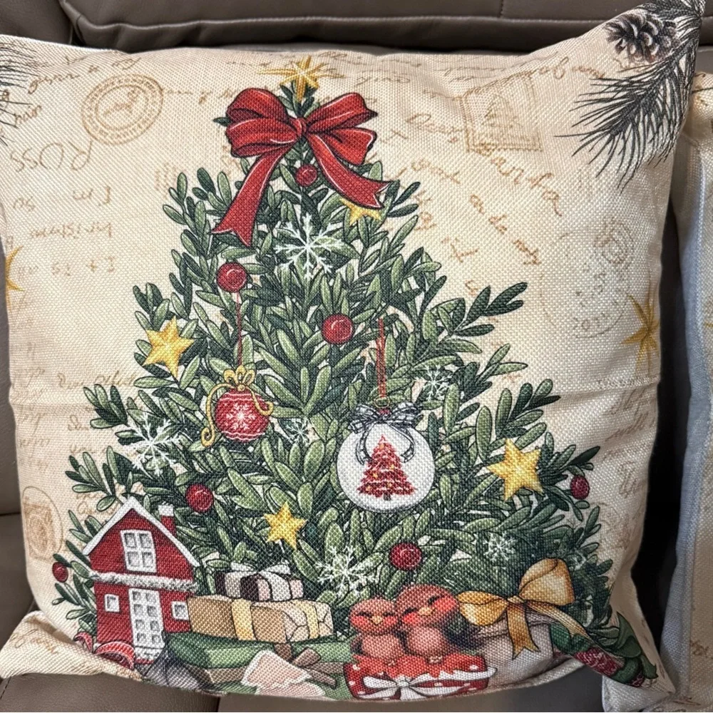 Two Festive Holiday Pillows with Christmas Tree and Ornament Design